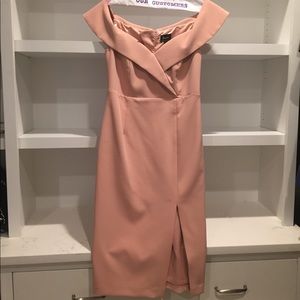 Bardot off the shoulder dress in coral.